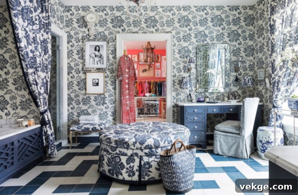 Blue and white patterned wallpaper in a bathroom.