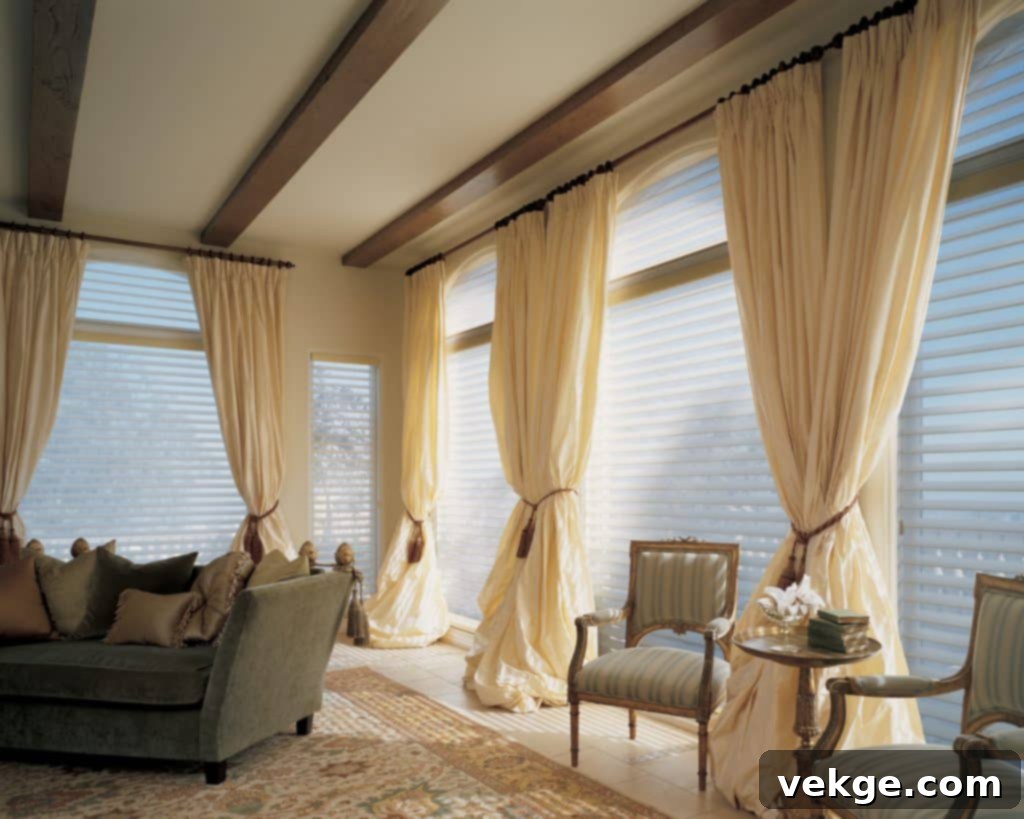 Closed blackout blinds and curtains blocking sunlight from a window, an essential step to keep home cool
