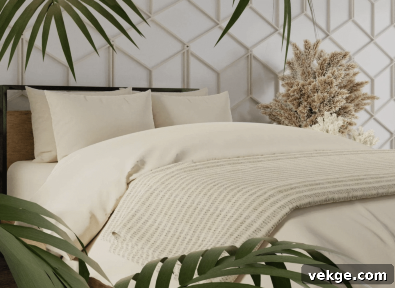 A beautifully decorated vintage farmhouse bedroom with a neutral color scheme and rustic furniture.