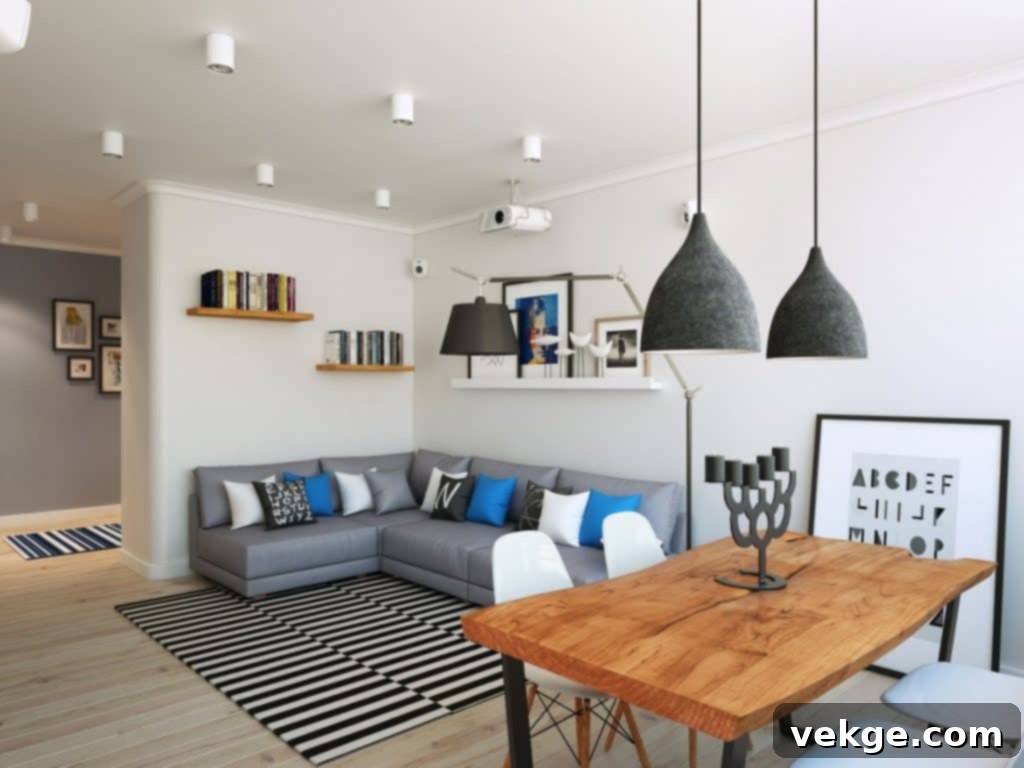 Modern Scandinavian living room with ample natural and artificial light