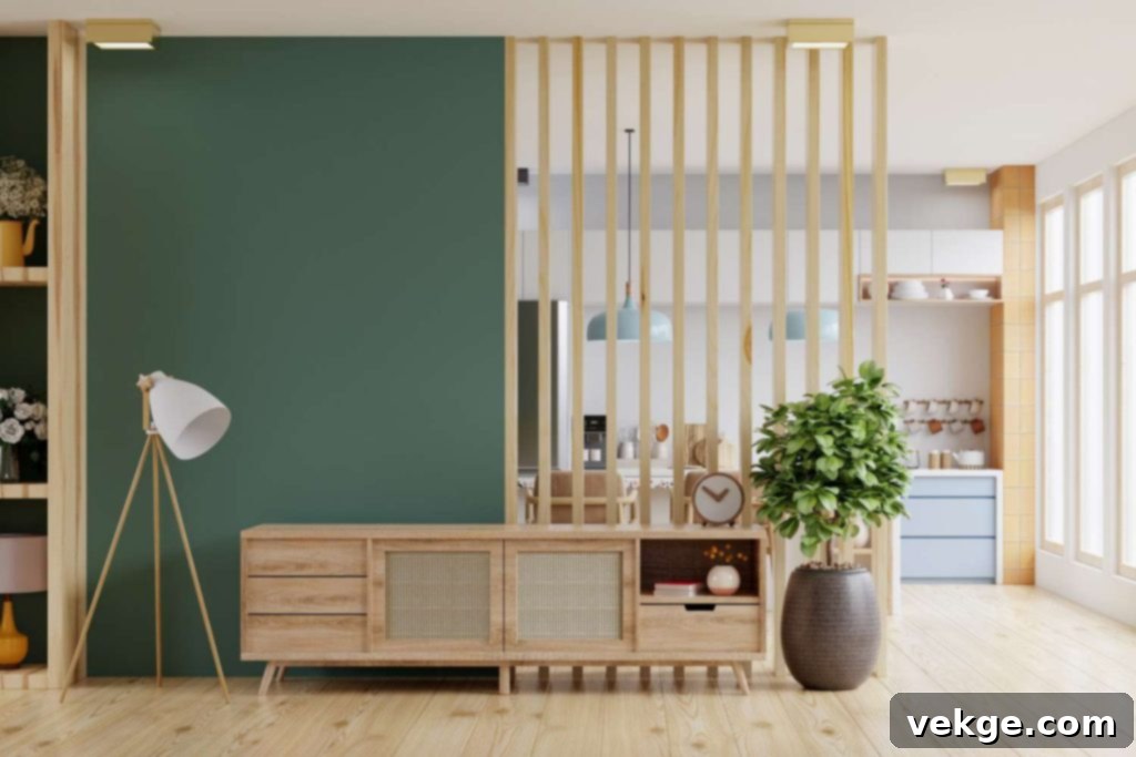 Wooden panels used to divide a large Scandinavian living room space