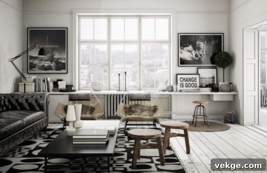 Scandinavian living room featuring subtle dark contrast elements