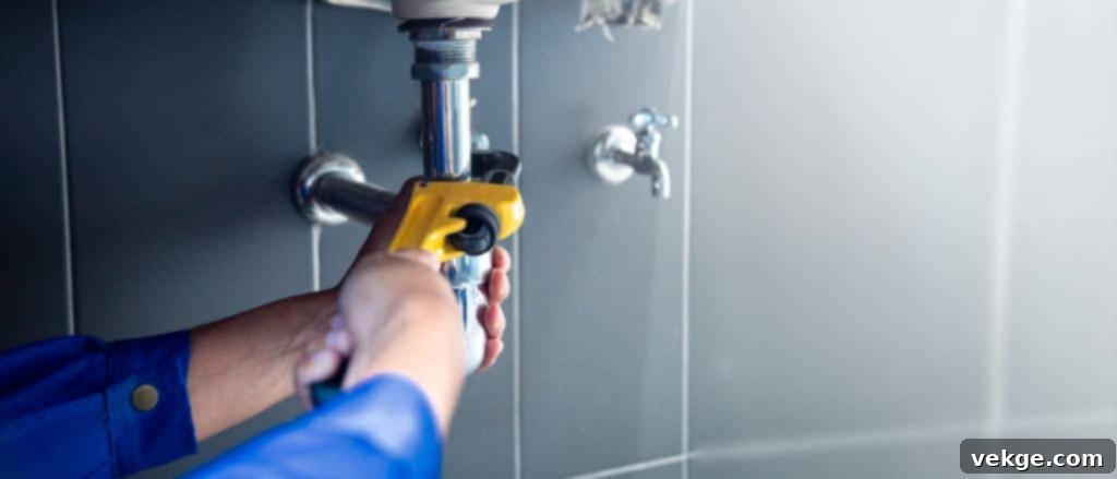 Plumber fixing white sink pipe with adjustable wrench.