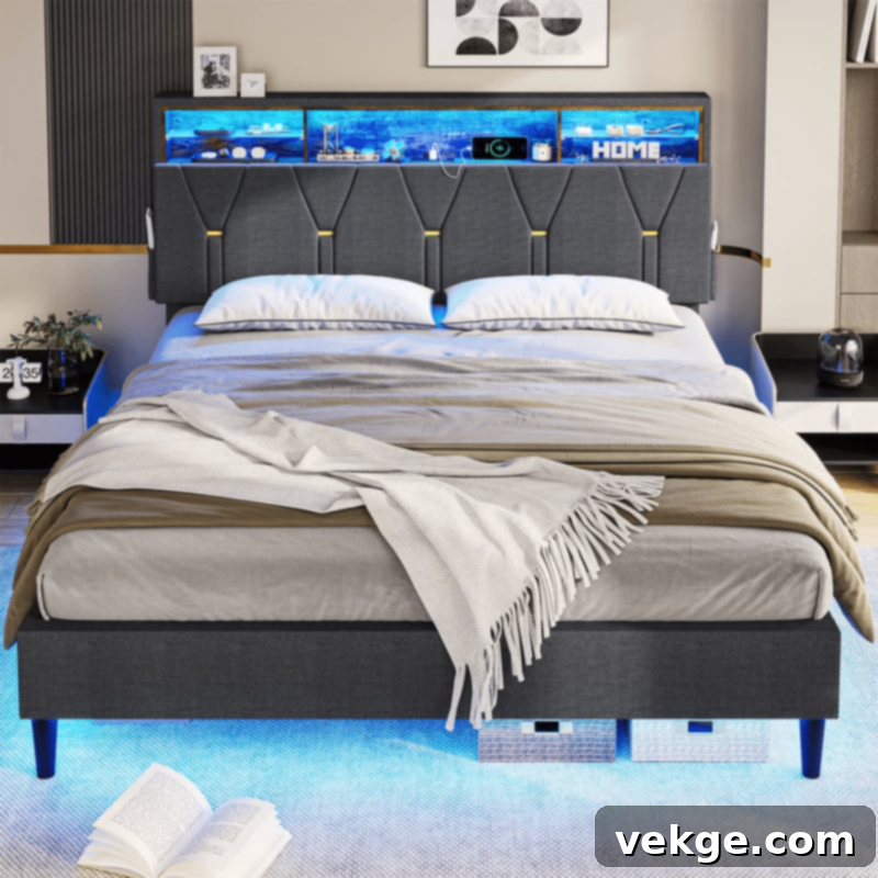 SIKAIC LED Bed Frame with Outlets and USB Ports and Storage Headboard