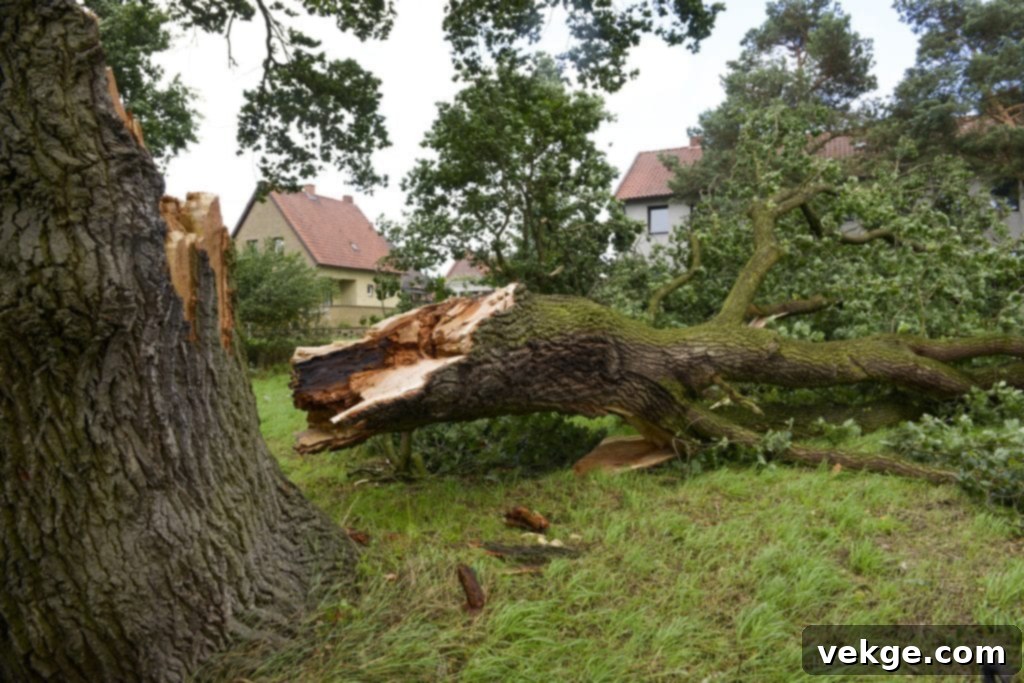 A large tree with a massive branch broken and fallen after a storm, showcasing significant damage.