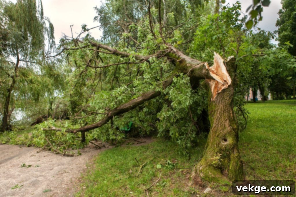 A large fallen tree after a hurricane, its roots exposed, emphasizing the need for care for other trees.