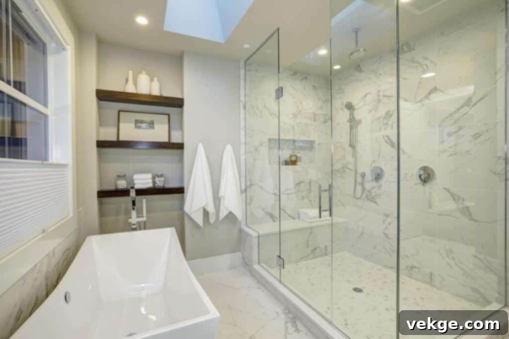 Frameless shower door in a modern bathroom