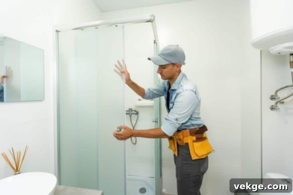 Professional installing a shower glass door
