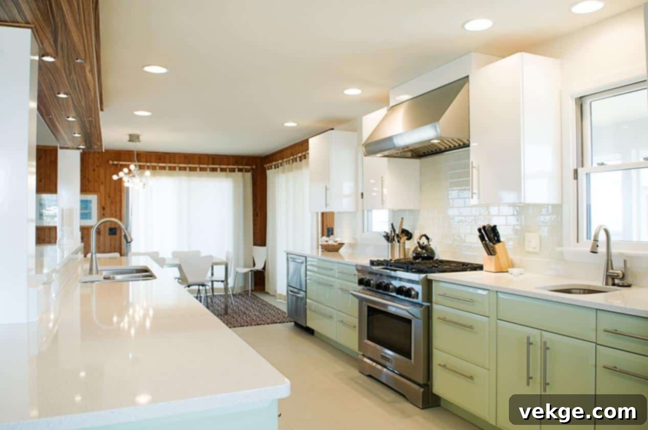 A modern kitchen featuring light colored cabinets and an island with overhead pendant lights.