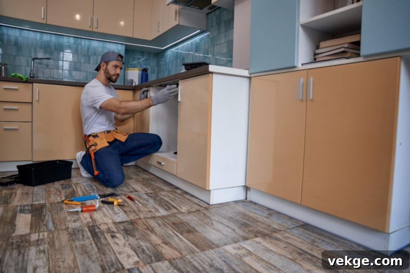 Professional installing new cabinet doors during a kitchen refacing project.
