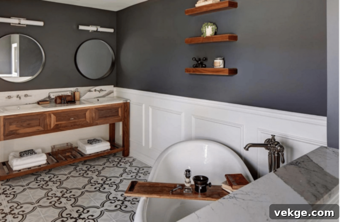 A spacious and minimalist bathroom featuring a freestanding tub, large window, and wooden accents, showcasing effective bathroom organization and design.