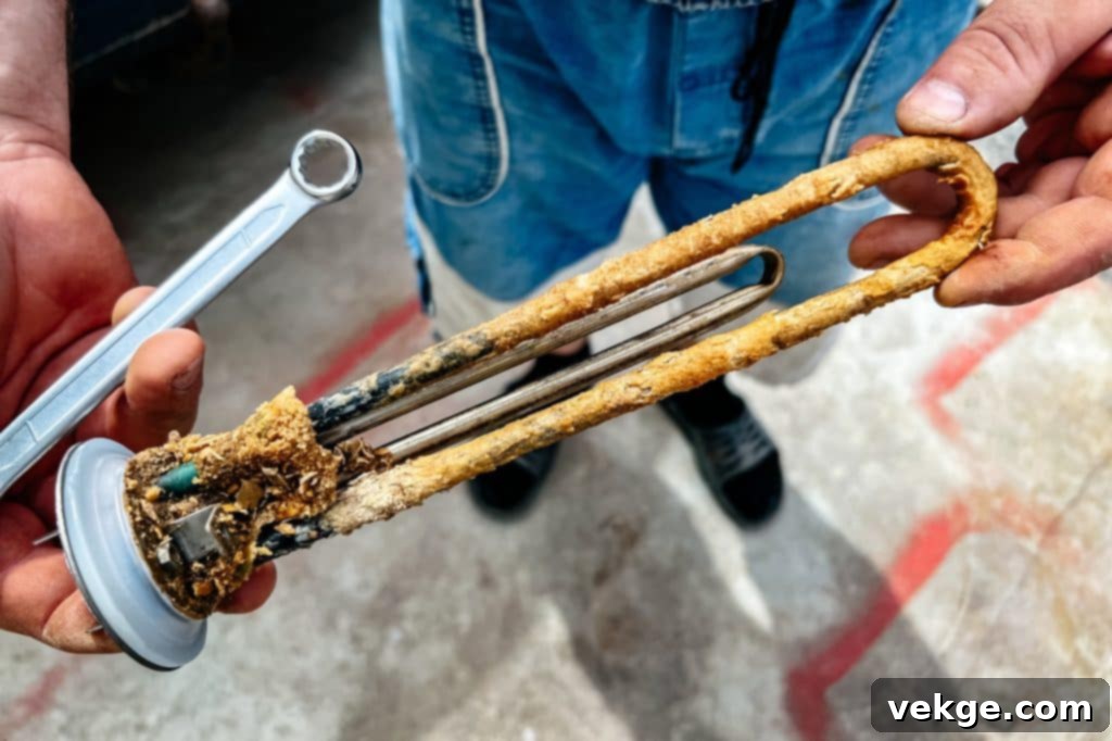 Heating element of the water heater with rust and scale.