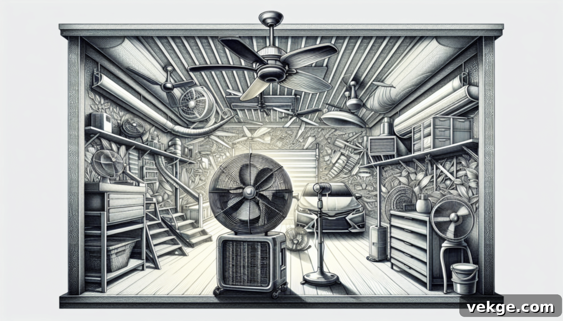 Illustration of fans circulating air in a garage