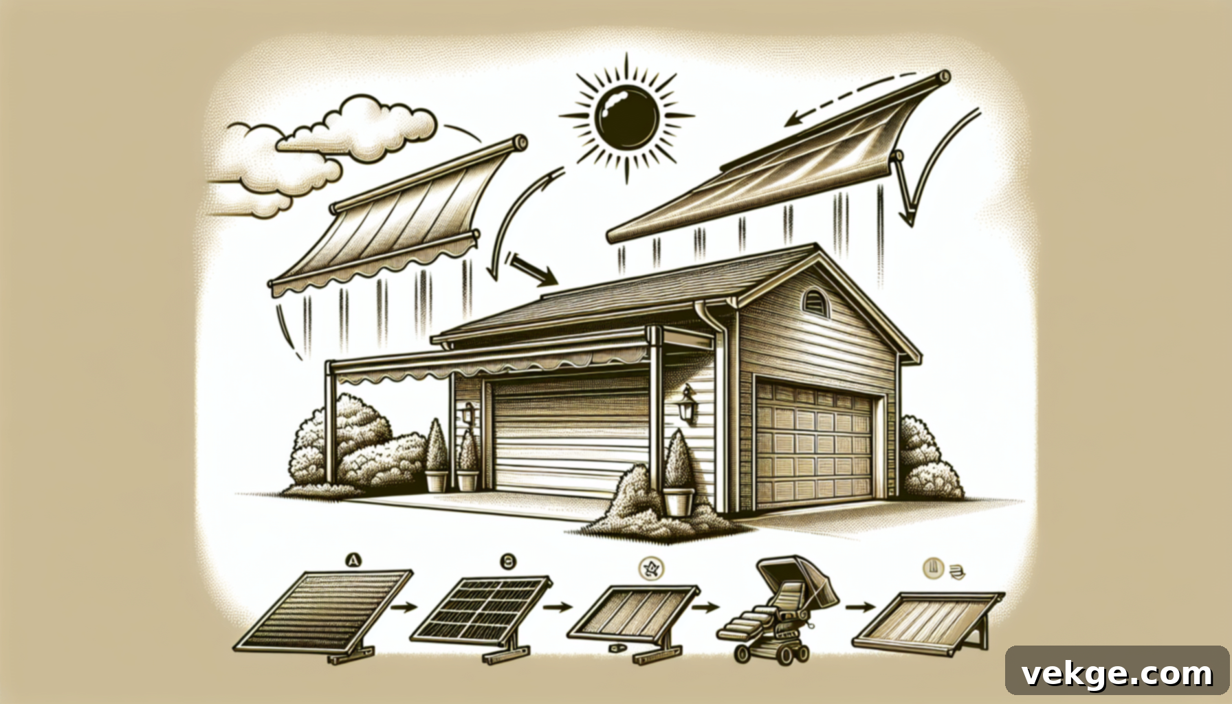 Illustration of awnings and canopies shading a garage