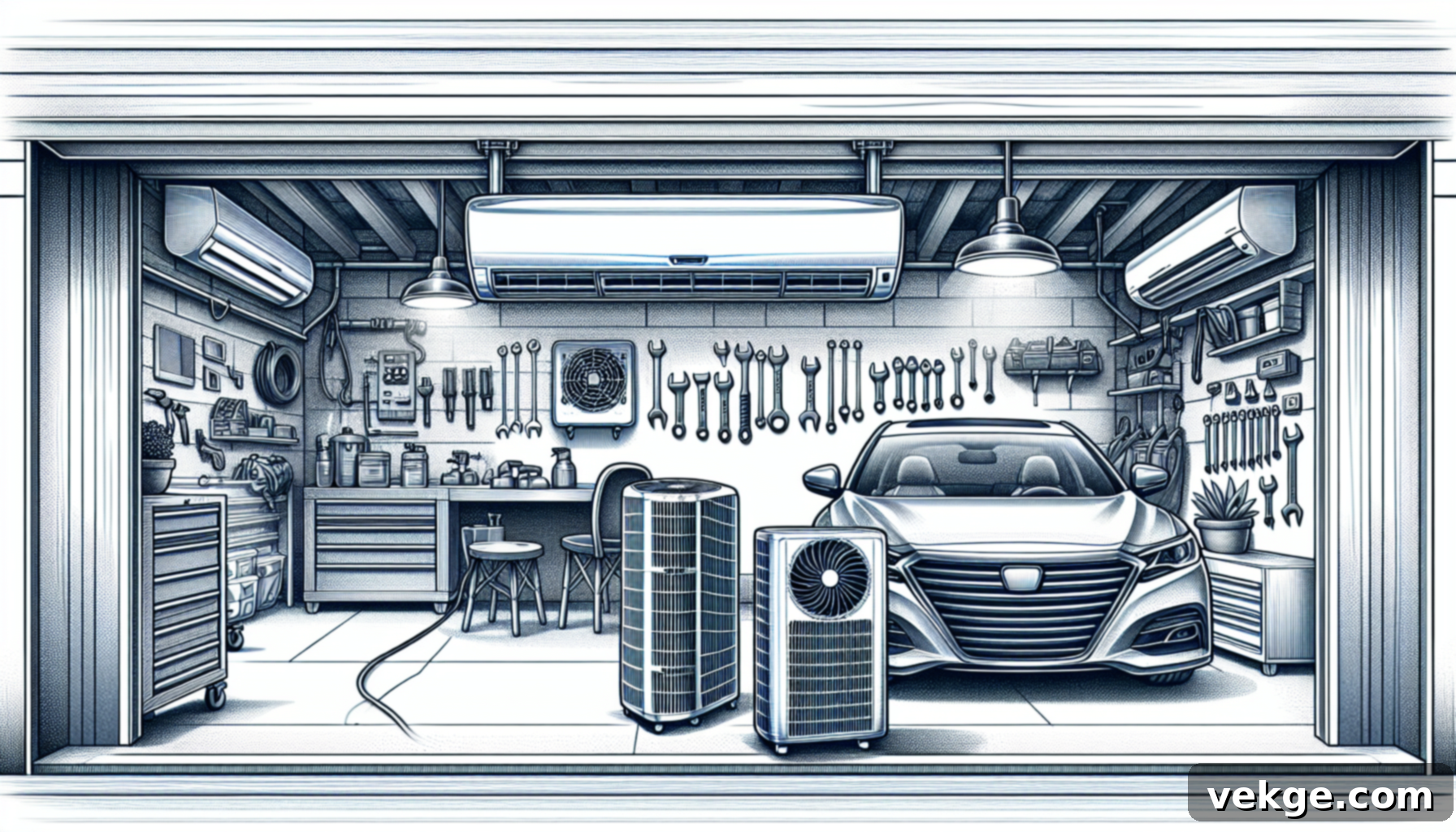 Illustration of air conditioning and mini-split systems in a garage