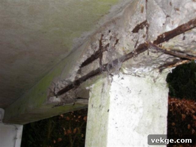 Physical Manifestations of Deterioration - Concrete cracks, spalling, and erosion on a damaged concrete surface