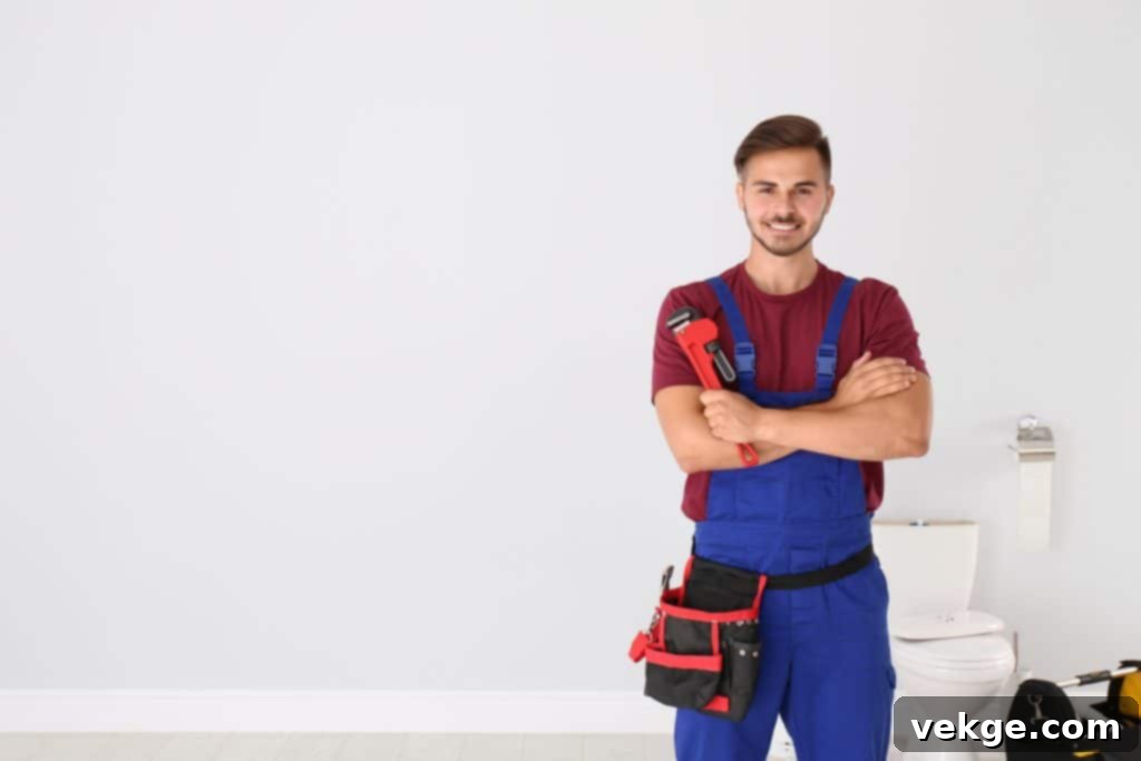 Young man with plumber wrench and toilet bowl on background