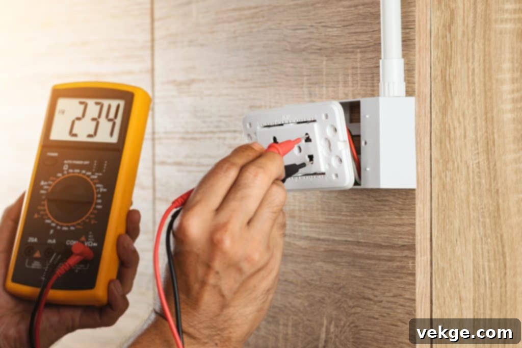 Close up hand of an electrician uses a digital meter to measure the voltage at a wall socket on a wooden wall.