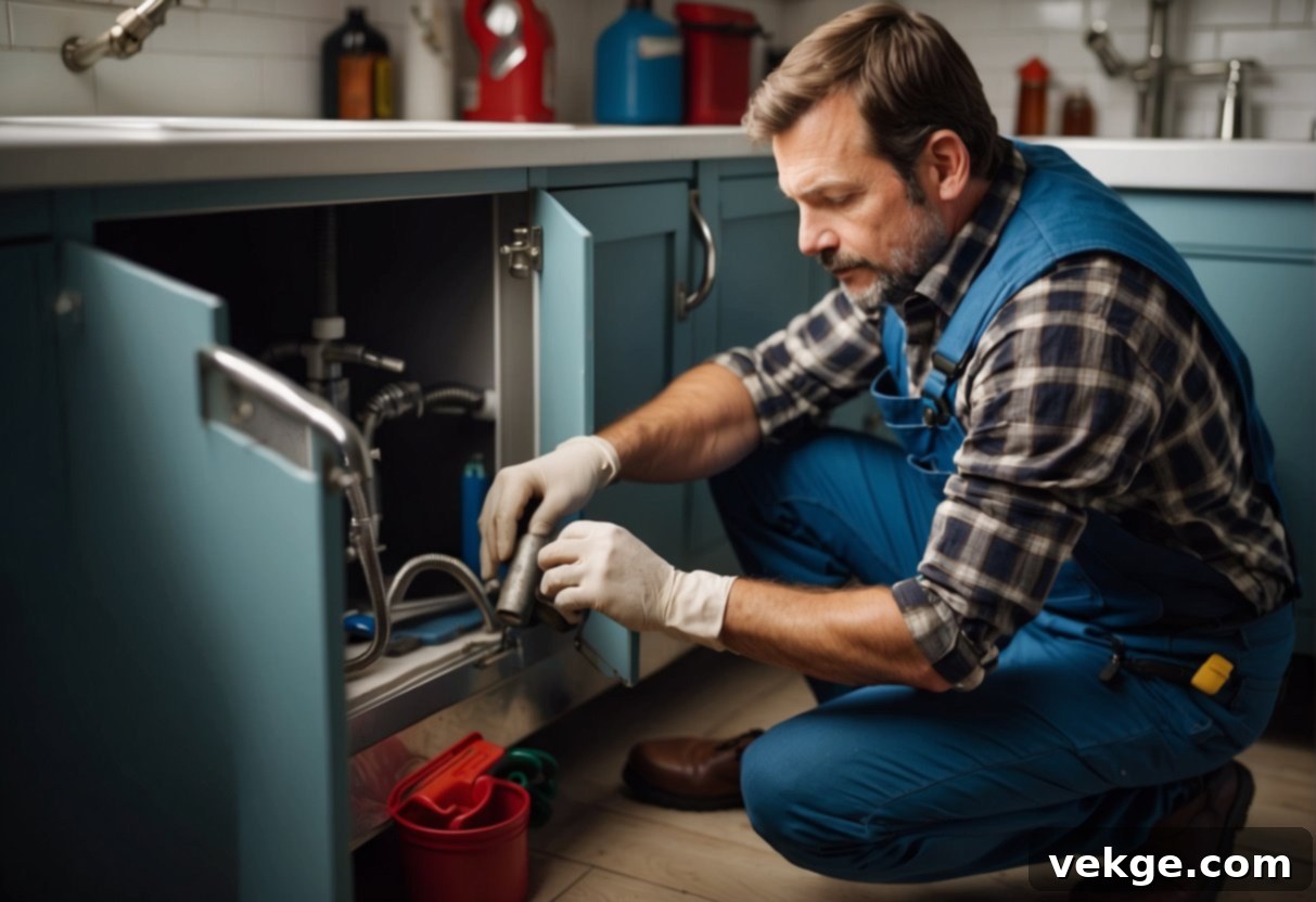 Plumbing Leak Immediate Steps 2 A plumber fixing a leak under a sink with tools and a bucket nearby