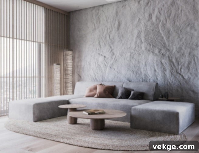 Rich textural elements in a modern living room, featuring a textured wall, plush sofa, and natural wood accents.