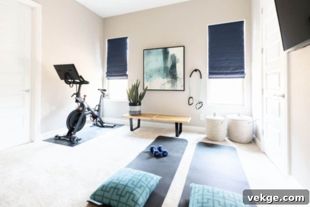 Home gym with exercise equipment and natural light
