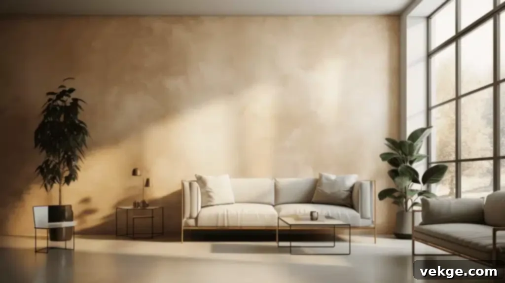 Luxurious living room featuring Venetian plaster walls in a neutral tone, enhanced by strategic lighting creating a sophisticated ambiance.