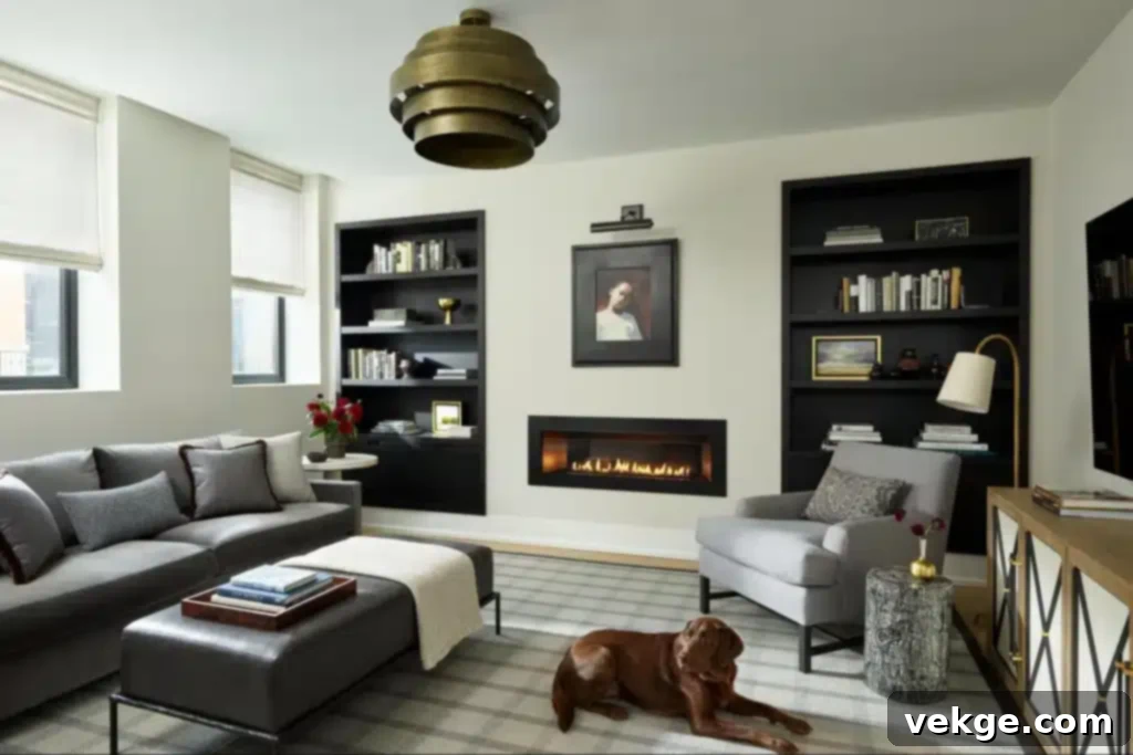Modern living room with layered lighting, including recessed lights, a stylish chandelier, and accent lighting on a textured Venetian plaster wall, creating an inviting atmosphere.