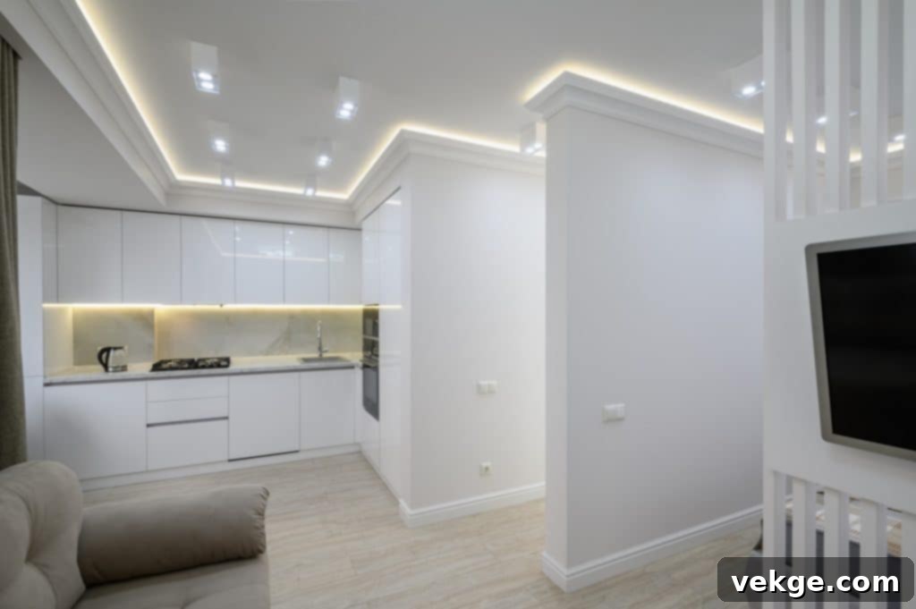 Modern kitchen and living room illuminated with white LED strip lights