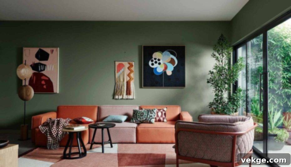 Cozy spare room decorated with natural earth tones, featuring wooden furniture, potted plants, and warm textiles like a terracotta throw and olive green cushions.