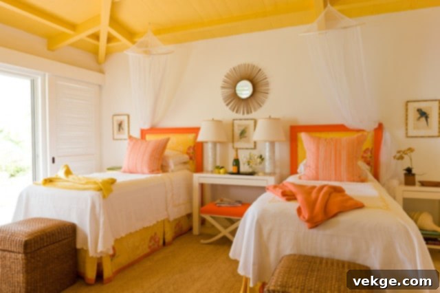 Lively spare room decorated with bright citrus hues like lemon yellow, lime green, and tangerine orange accents against a neutral white wall, creating an energetic atmosphere.