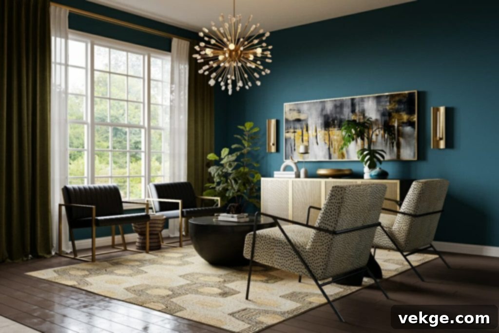 Luxurious spare room decorated with rich jewel tones, featuring an emerald green velvet armchair, golden accents, and dark wood furniture for a touch of glamour.