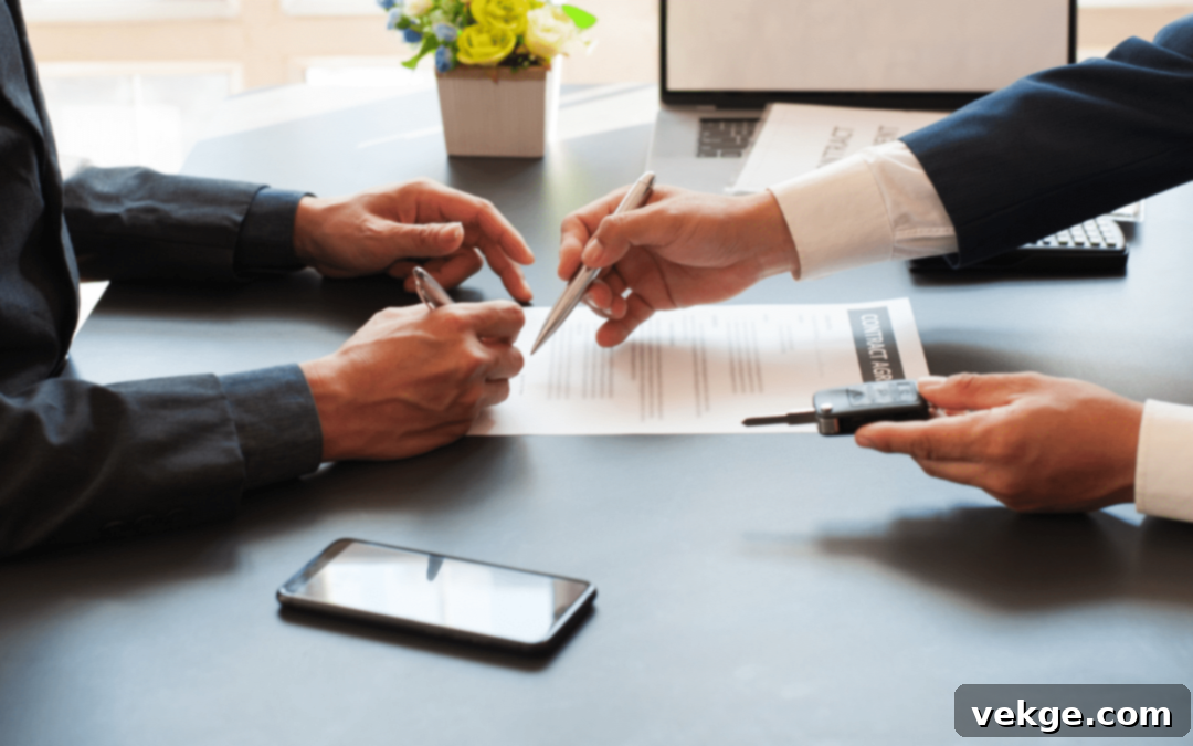 Hand holding a pen over a lease agreement with text Flexible Leasing Terms