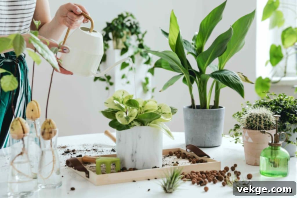 A vibrant selection of indoor plants in various pots, ready for a home garden room, including snake plants, spider plants, and a peace lily.
