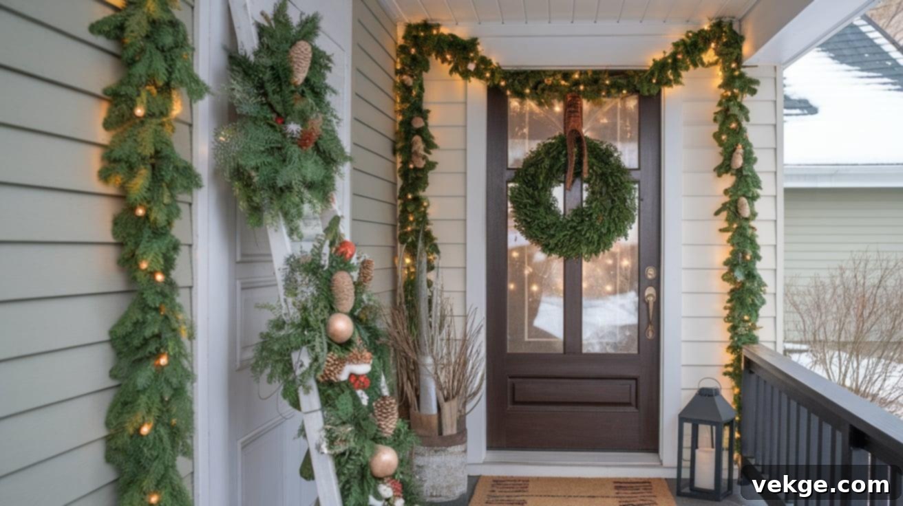 Mix Garlands, Wreaths, and String Lights for a Layered Winter Porch