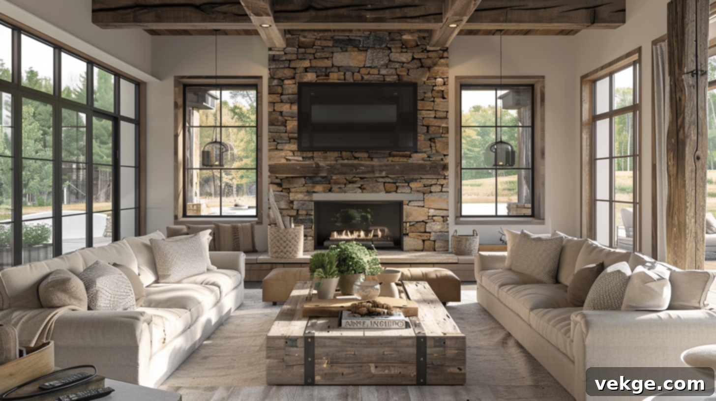 Rustic living room with stone fireplace and TV