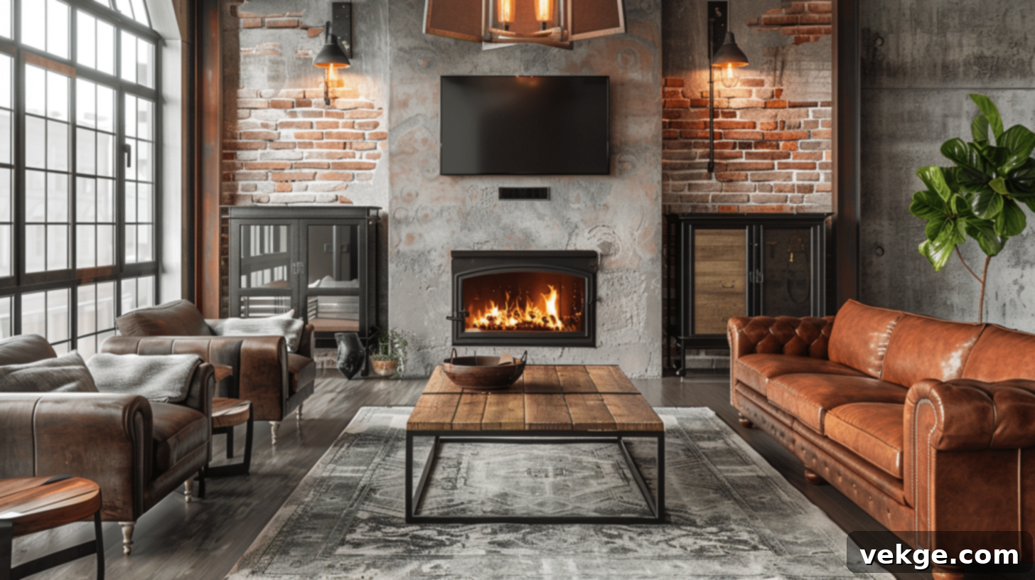 Industrial living room design with brick, concrete, fireplace and TV