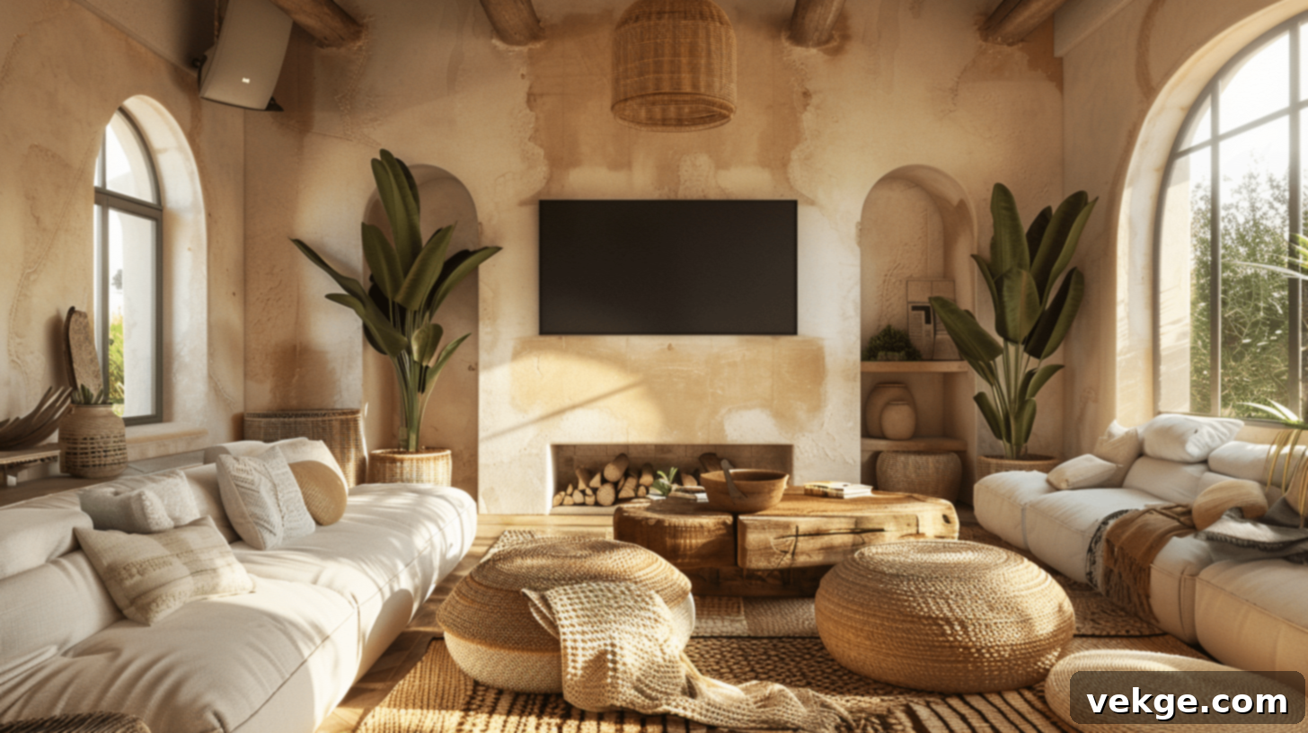 Organic living room design with minimalist fireplace and TV
