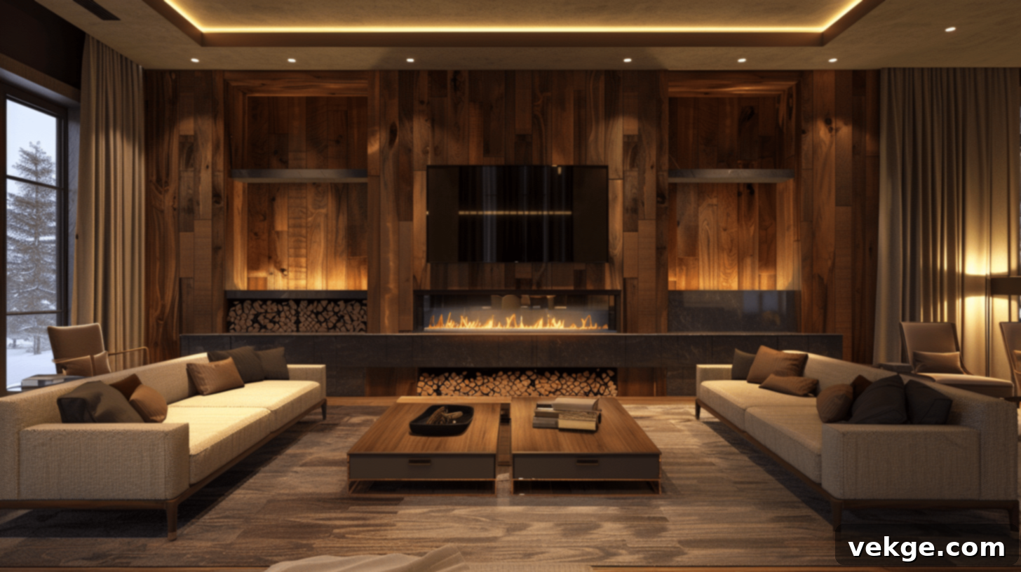 Electric fireplace and TV on wooden paneling