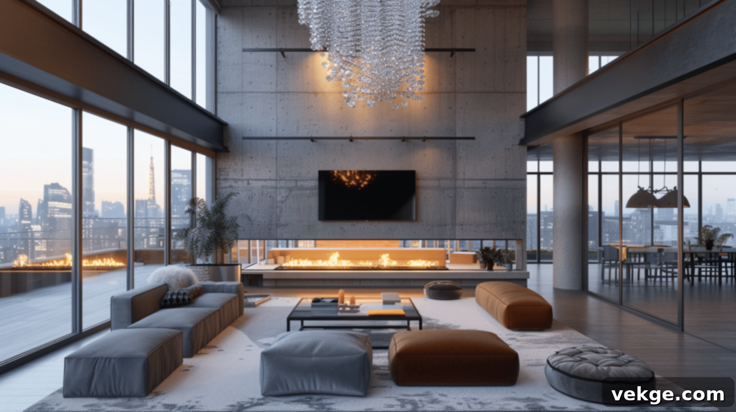 TV above transparent fireplace with industrial chic
