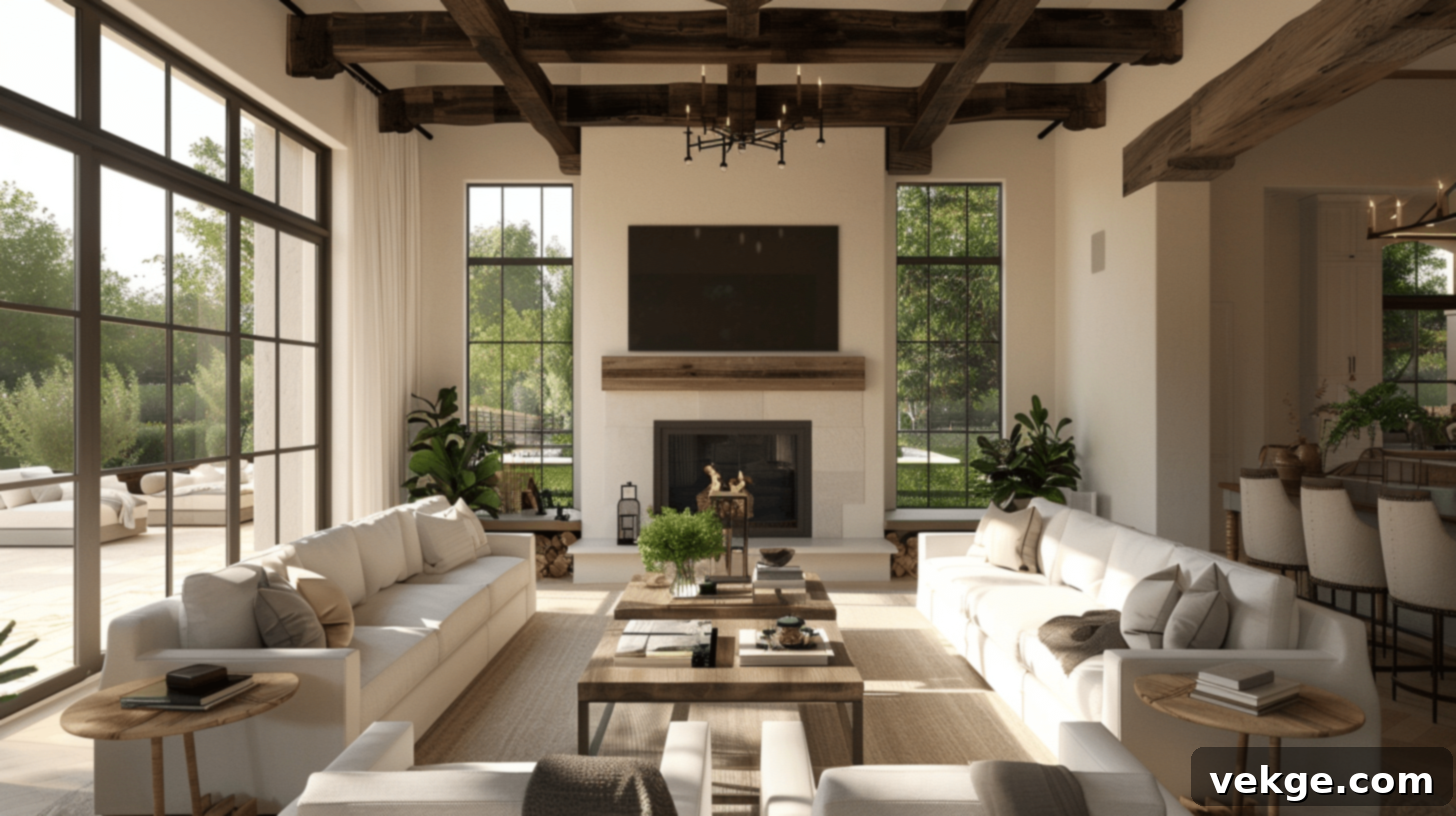 Fireplace and TV flanked by windows for bright living room