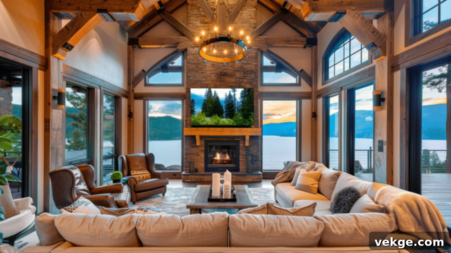 Horseshoe-shaped furniture arrangement around fireplace and TV