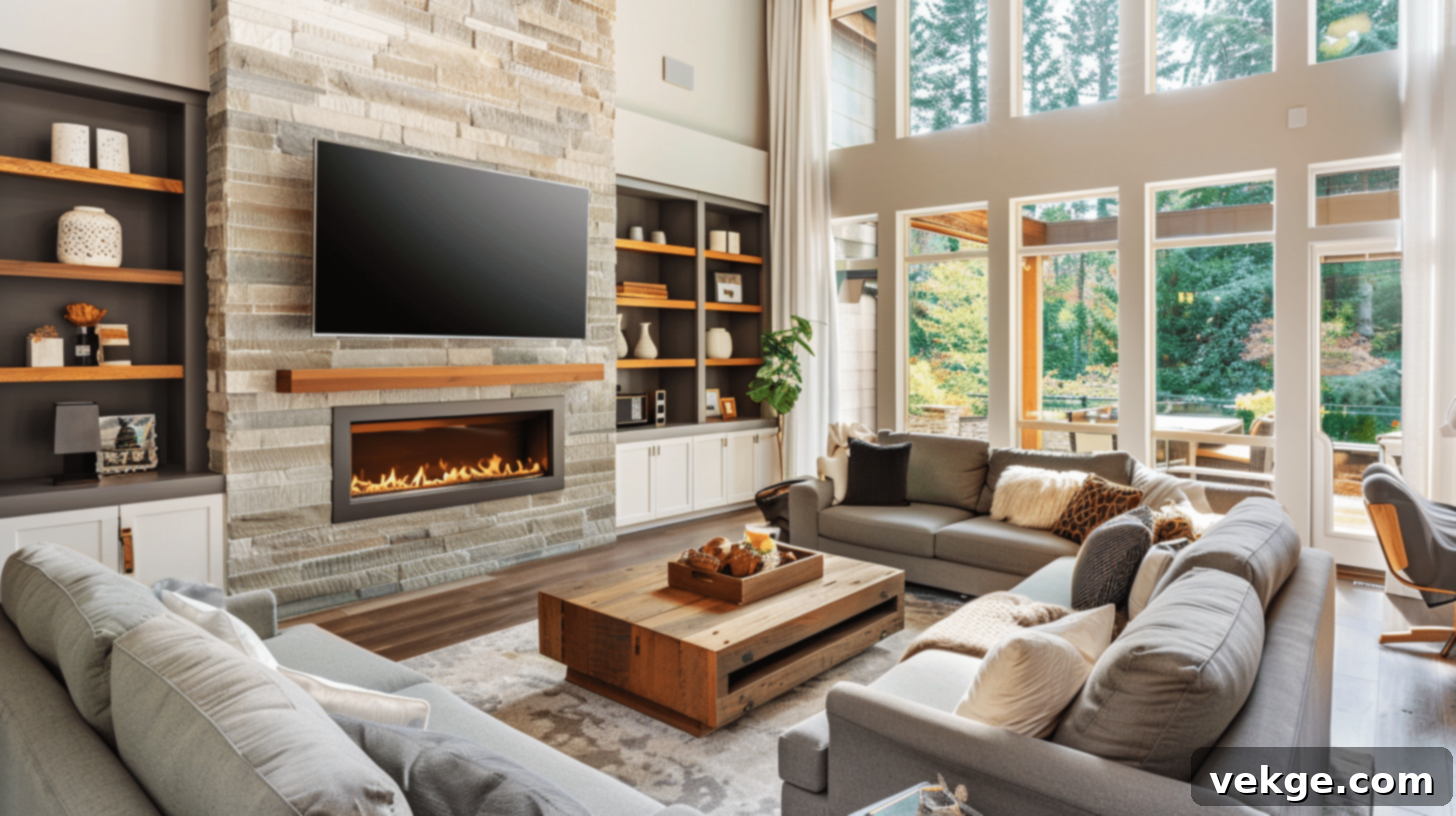 Fireplace and TV integrated into a stone facade