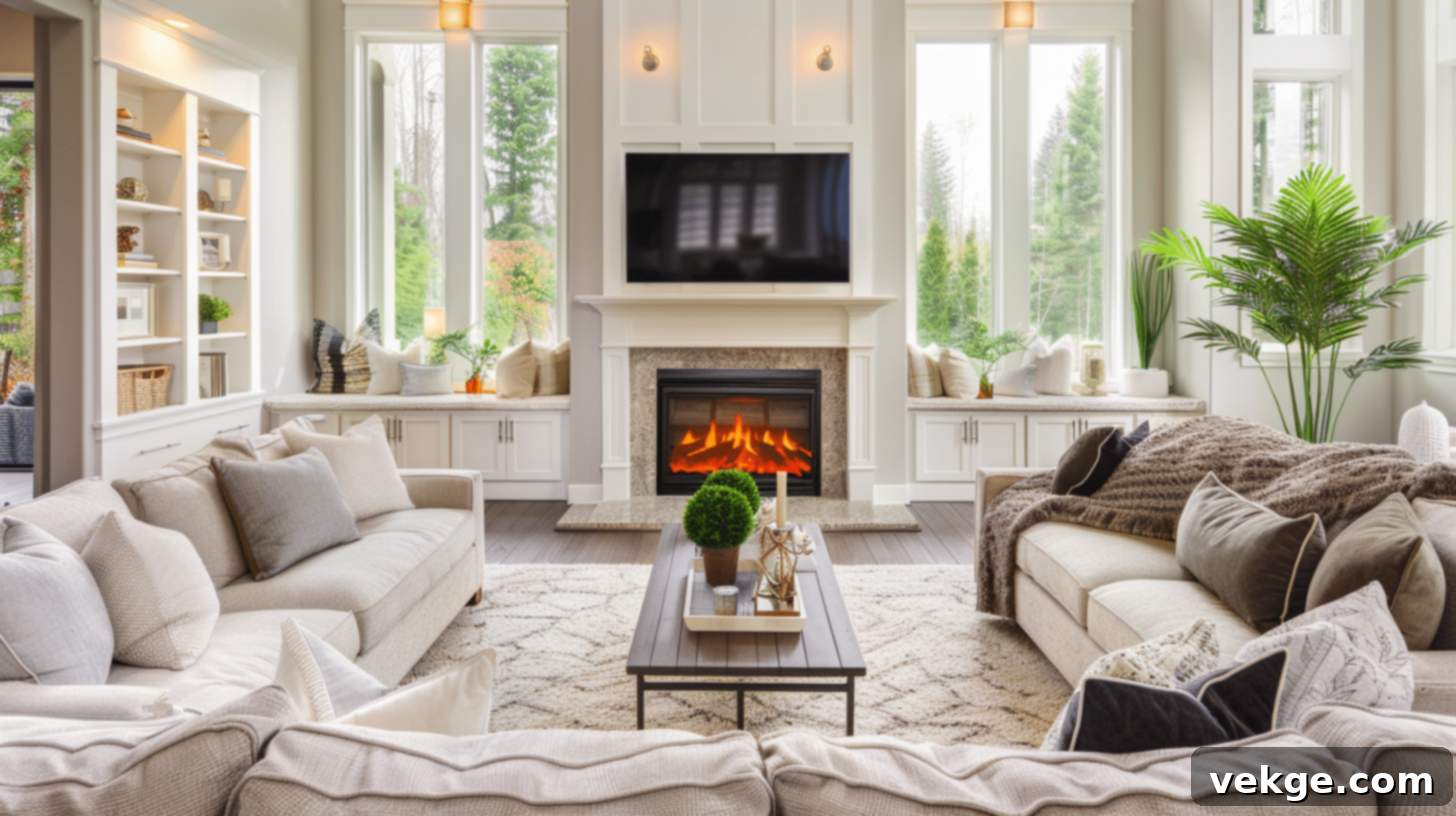 Freestanding fireplace with TV above for an airy design