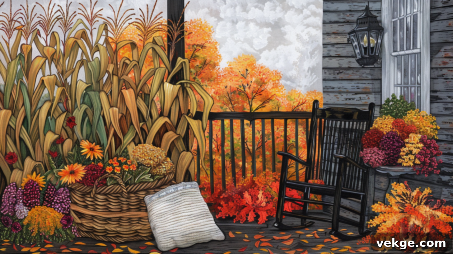 Harvest Season Porch Decor Ideas 10 Cozy Fall Porch with Corn Bushel Basket, Flowers, and Rocking Chair