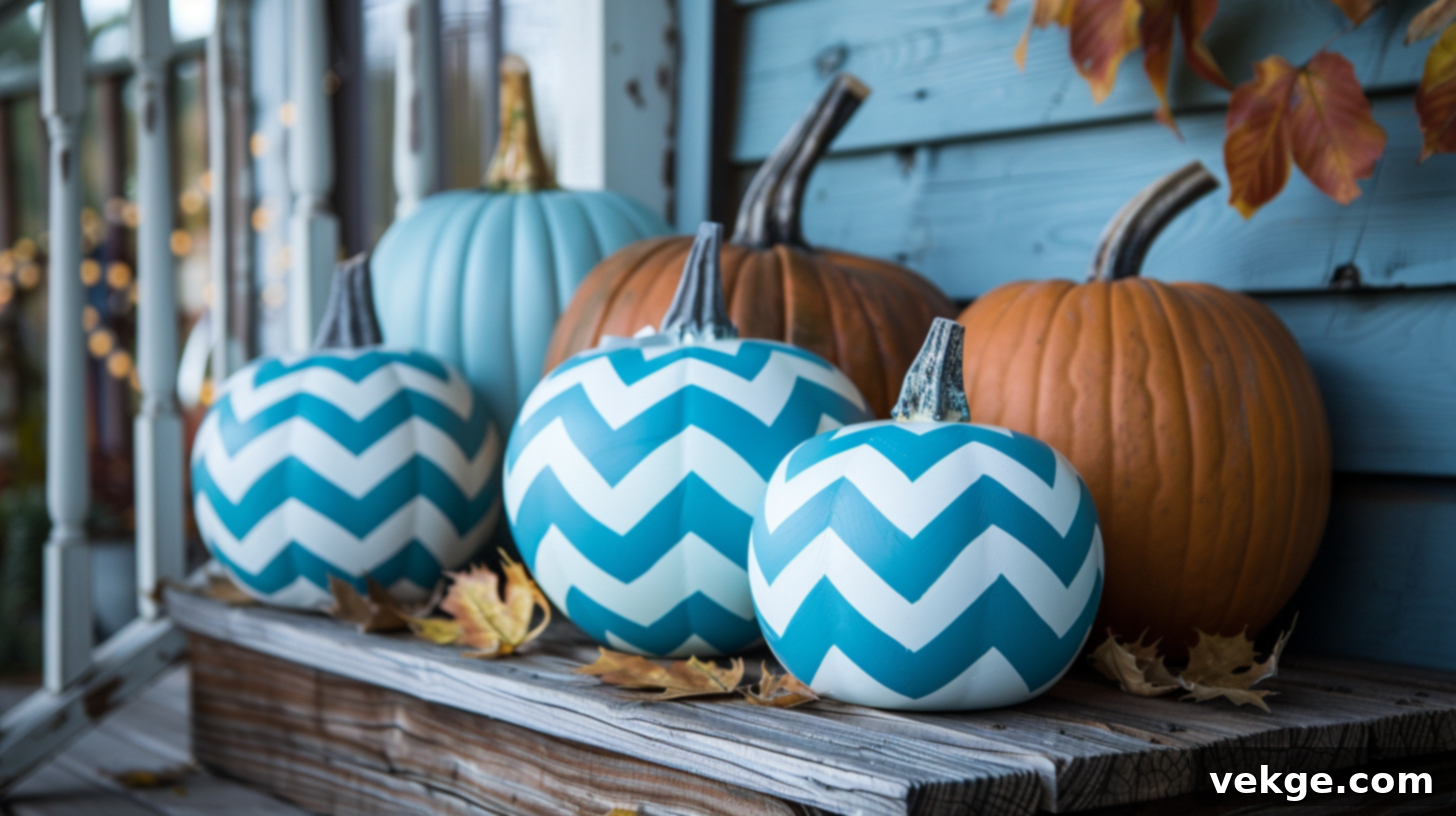 Harvest Season Porch Decor Ideas 17 Stylish Painted Wood Pumpkins with Chevron Pattern for Modern Fall Decor