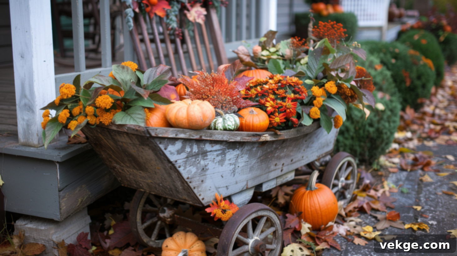 Harvest Season Porch Decor Ideas 18 Charming Rustic Pumpkin Cart Filled with Fall Flowers and Leaves