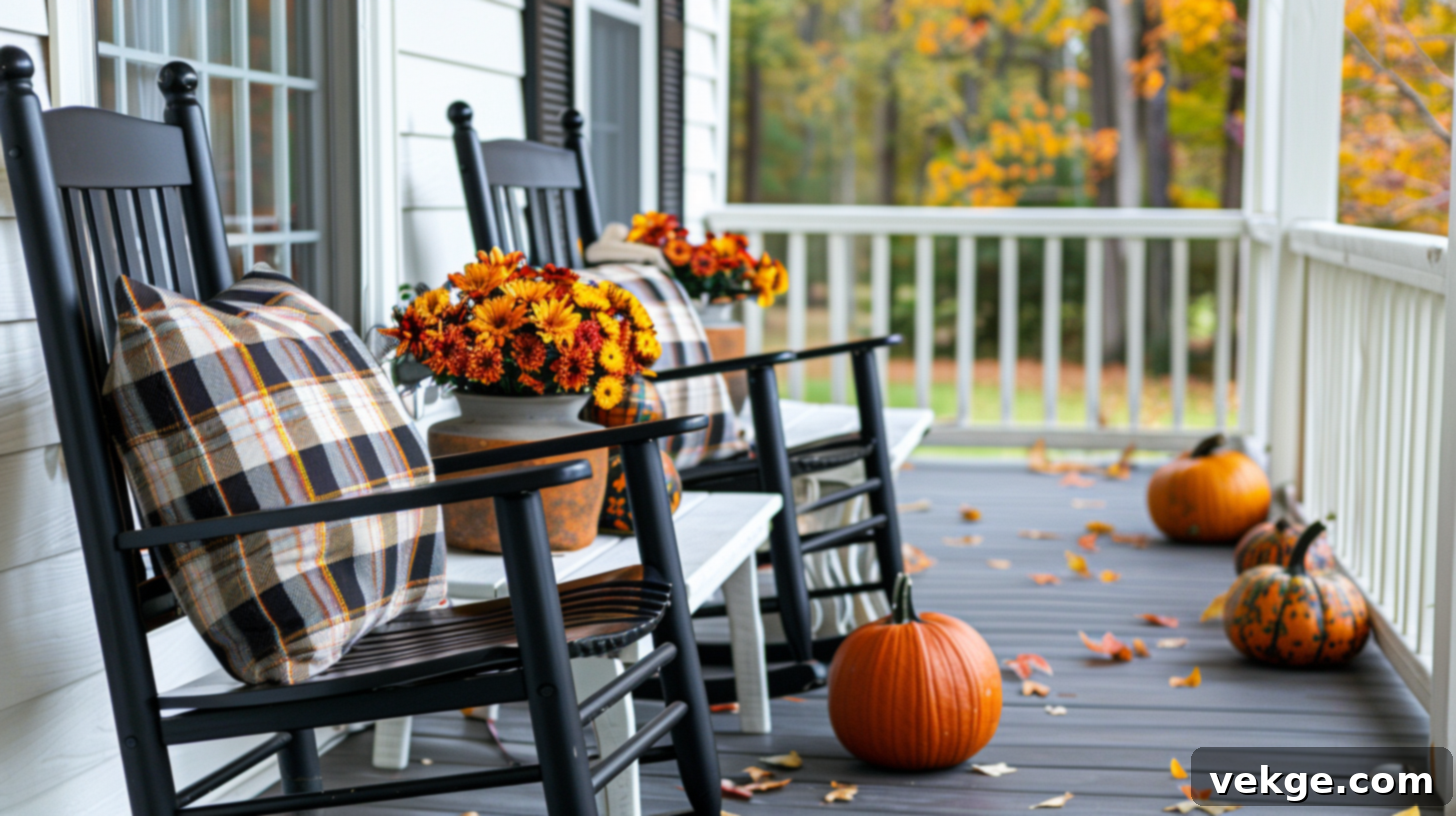 Harvest Season Porch Decor Ideas 19 Cozy Fall Porch with Black Rocking Chairs, Plaid Pillows, and Pumpkins
