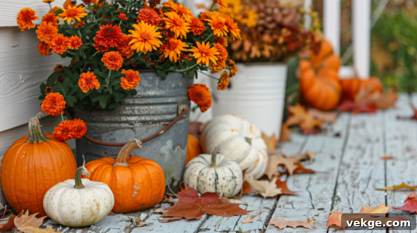 Harvest Season Porch Decor Ideas 2 Vibrant Fall Porch Display with Orange Mums and Gourds in a Galvanized Bucket