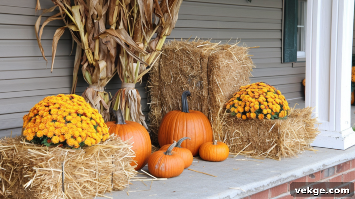 Harvest Season Porch Decor Ideas 20 Traditional Fall Harvest Display with Hay Bales, Pumpkins, and Cornstalks