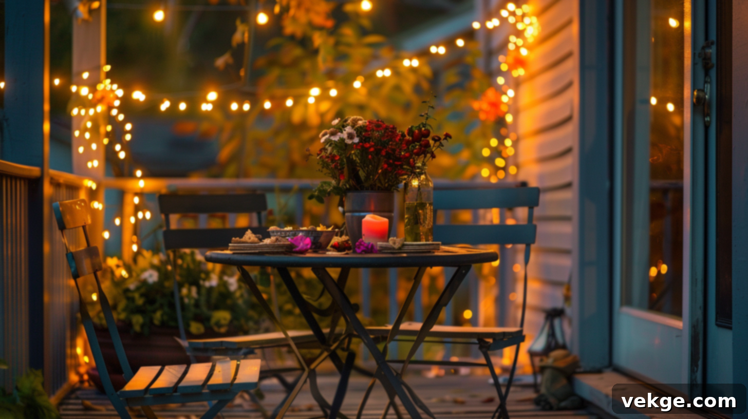 Harvest Season Porch Decor Ideas 21 Cozy Porch with Bistro Lights, Small Table, and Fall Flowers